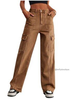 Wide Leg Cargo Jeans High Waisted Stretch Drawstring Ankle 6 Pockets